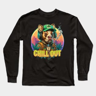 Urban Style Bull Wearing Headphones and smoking Long Sleeve T-Shirt